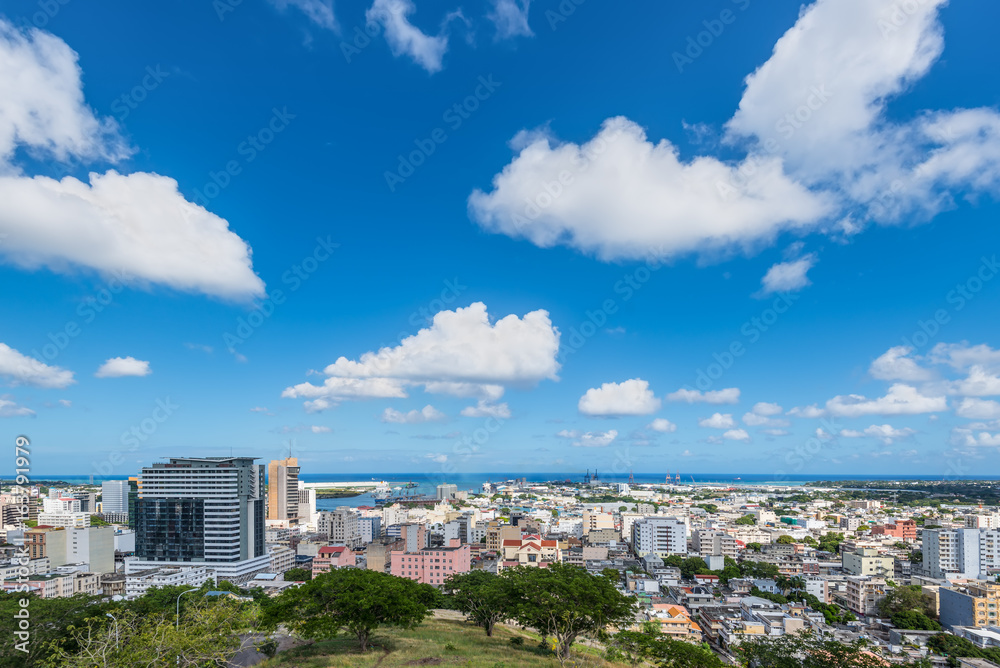 Port Louis Skyline - viewed from the fort Adelaide along the Indian Ocean in Mauritius capital city