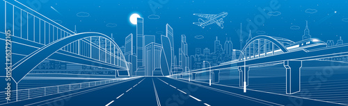 Pedestrian and railway bridges over highway. Urban infrastructure panorama, modern city on background, industrial architecture. Airplane fly.  White lines illustration, night scene, vector design art