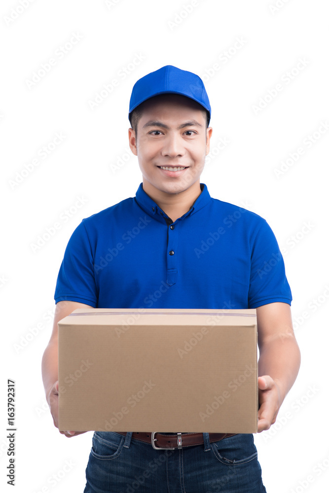 Delivery Person. Asian postman with parcel box. Postal delivery service. White Background. Delivery Person. Asian postman with parcel box. Postal delivery service. White Background.
