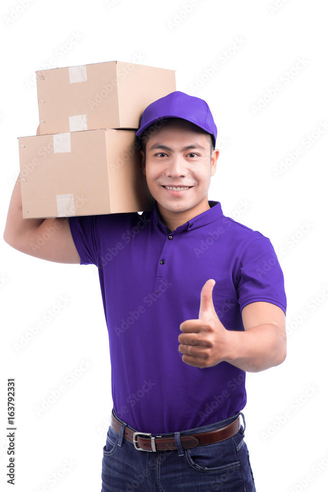Delivery Person. Asian postman with parcel box thumps up. Delivery Person. Asian postman with parcel box thumps up.