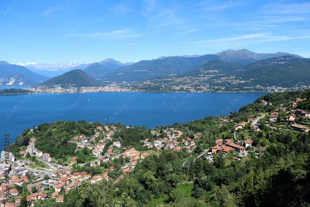 Lake Maggiore in summer, view to Laveno Mombello, Italy 