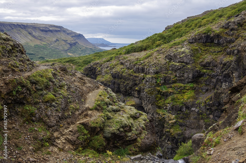 Scenic view to canyon of Glymur waterfall - highest waterfall of Iceland.