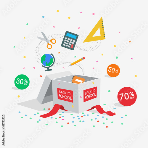 Special back to school offer sale discount symbol with open gift and flow goods isolated on light background. Easy to use for your design with transparent shadows.