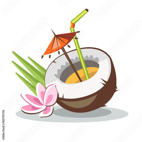 cocktail in coconut tropical with plumeria umbrella tube palm