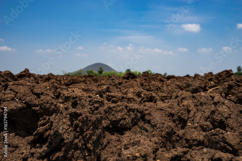 fresh soil for agriculture and blue sky and mountain