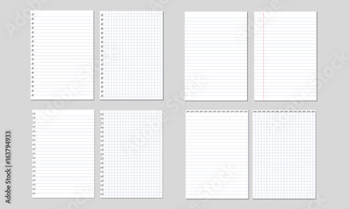 Set of vector illustrations of sheets of paper lined and square, isolated on white background photo