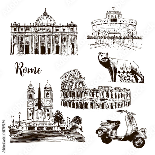 Rome architectural symbols: Coliseum, St. Peter Cathedral, wolf, romulus, scooter etc drawn vector sketch illustration.