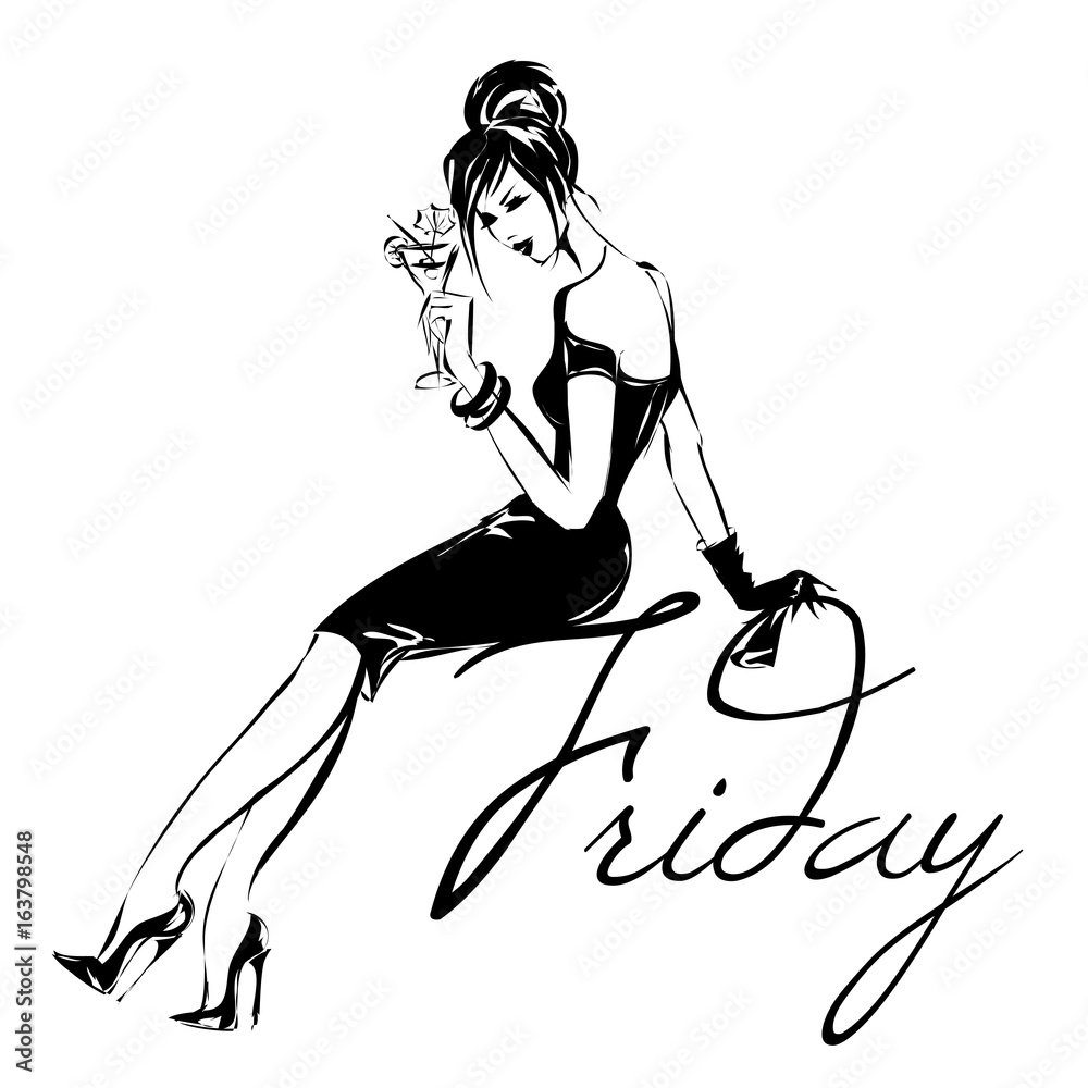 Black and white retro fashion woman model silhouette drinking martini cocktail at friday party. Sketch style hand drawn vector illustration