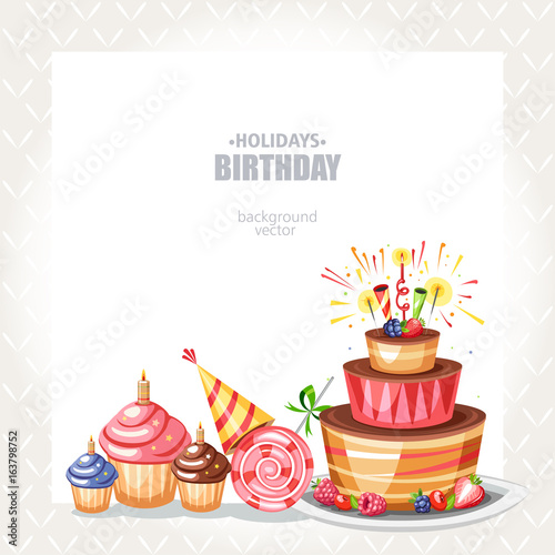 holiday birthday background with cake lollipop and hat