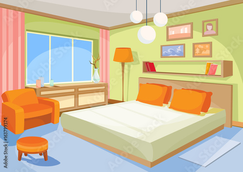 Vector cartoon illustration interior orange-blue bedroom, a living room with a bed, soft chair, stool, chest of drawers, floor lamp.