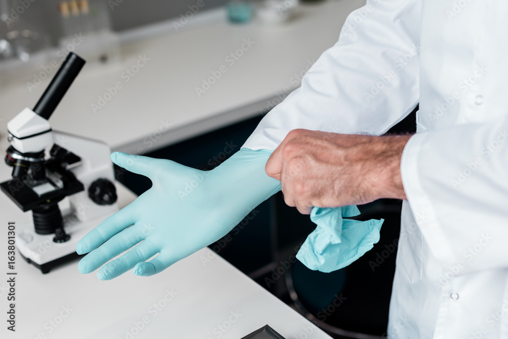 Cropped shot of professional scientist in white coat wearing protective gloves in lab Cropped shot of professional scientist in white coat wearing protective gloves in lab
