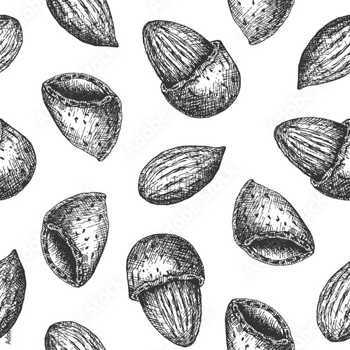 Almond background. Seamless pattern design. Hand drawn vintage nut collection.