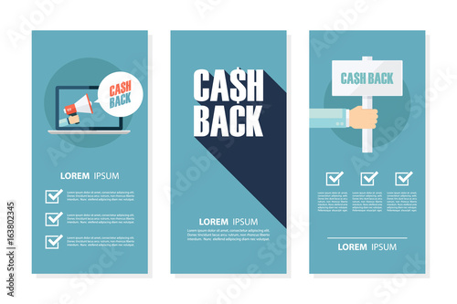 Money cash back flyers set for business, commerce, promotion and advertising. Flat design vector illustration.