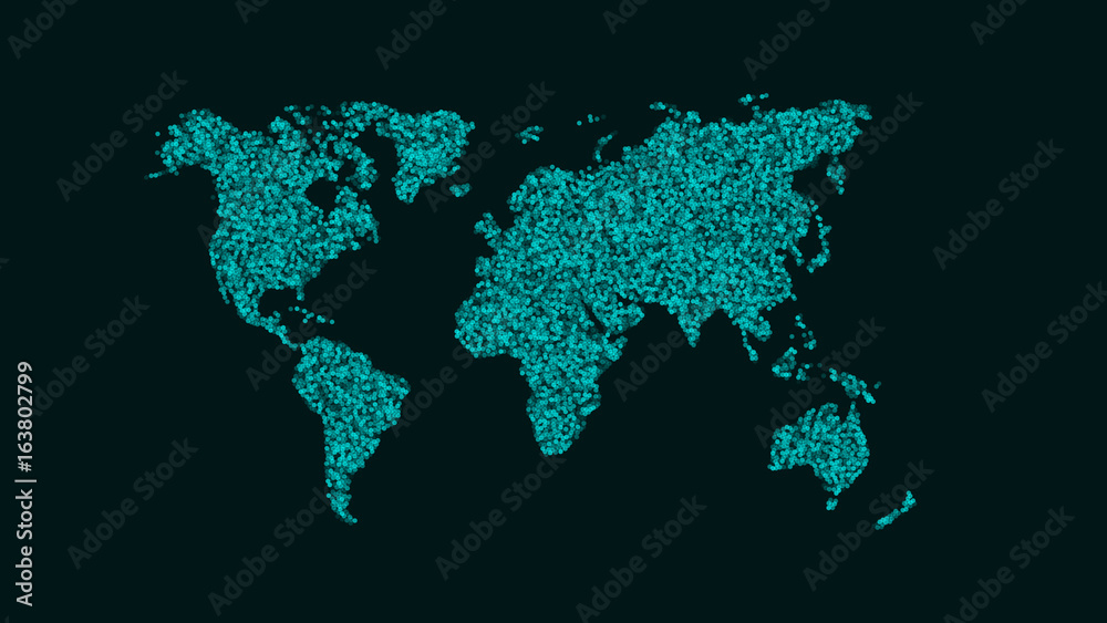 Abstract map of the planet earth. A map of small round particles of blue color. Small dots. Transparent beads