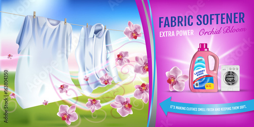 Orchid fragrance fabric softener gel ads. Vector realistic Illustration with laundry clothes and softener rinse container. Horizontal banner