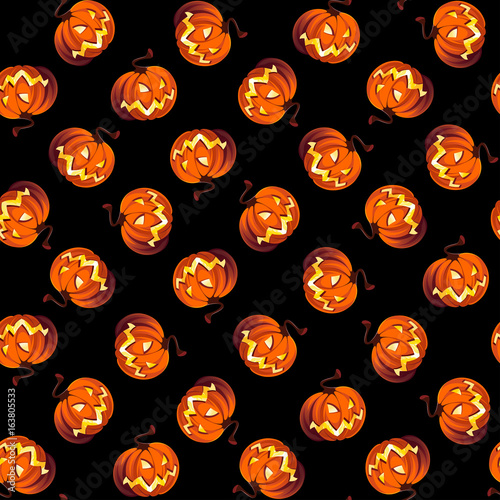 Seamless Halloween Pattern with Pumpkins on black background.