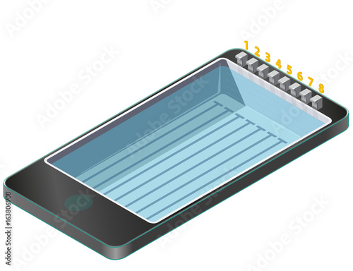 Isometric swimming pool in mobile phone. Sports in communication technologies, paraphrase. Pool with water jumping springboards on white background. Pictogram element set. Isolated vector illustration
