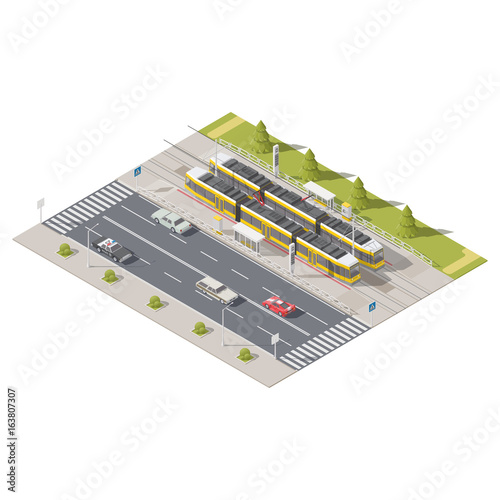 Infographics representing the tram station side of the road isometric icon set