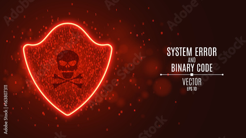 High-tech computer concept. A red glowing neon shield from a binary code. The system is under threat. Hacking the system. The dark skull
