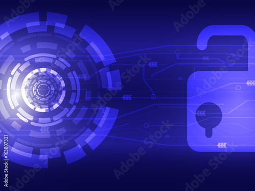 Abstract cyber security concept background. Lock security with blue circle technology background.