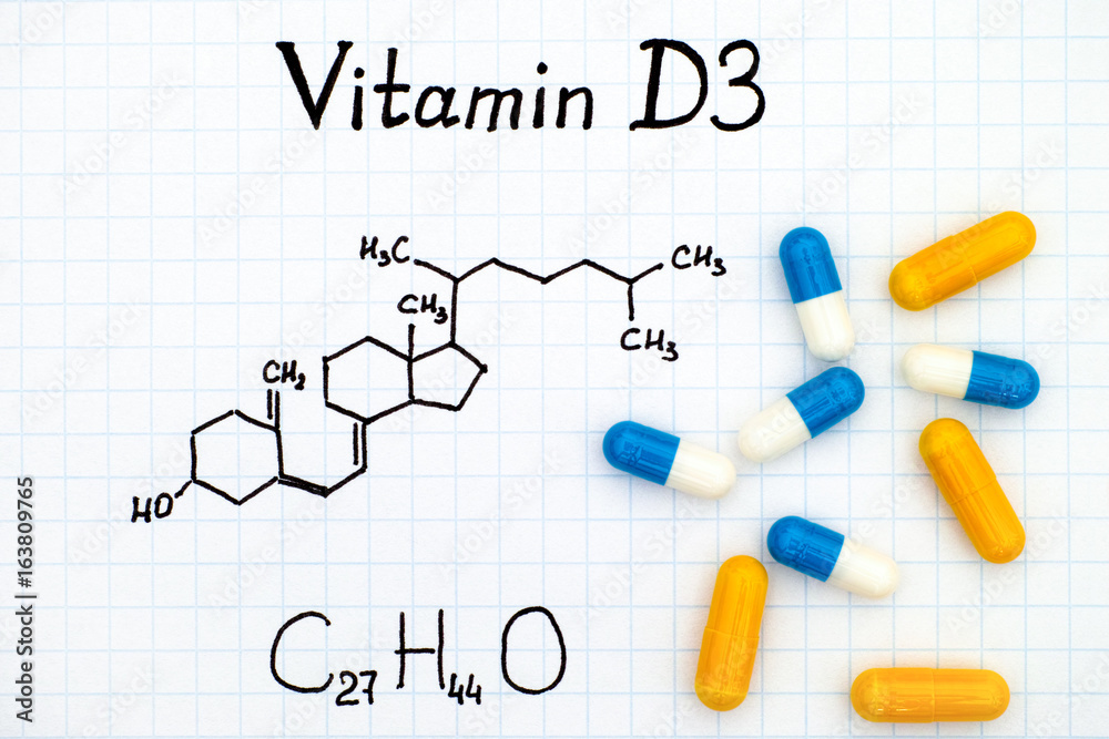Chemical formula of Vitamin D3 and pills Chemical formula of Vitamin D3 and pills