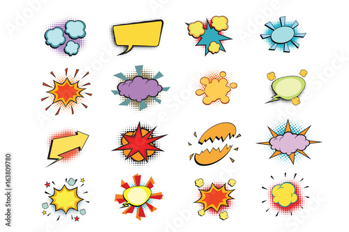 set of colored comic book bubbles isolated on white background