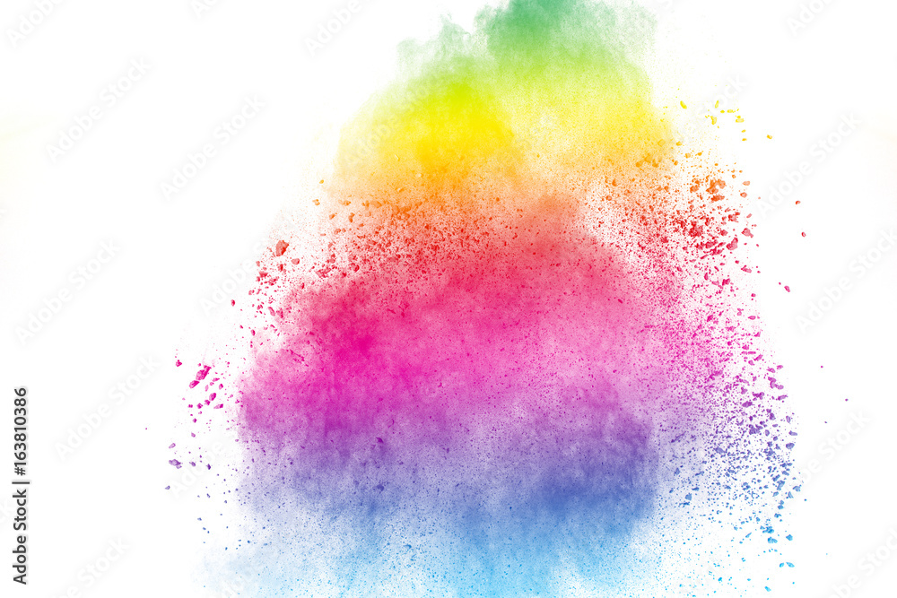 abstract colored powder splatted on white background,Freeze motion of color powder exploding