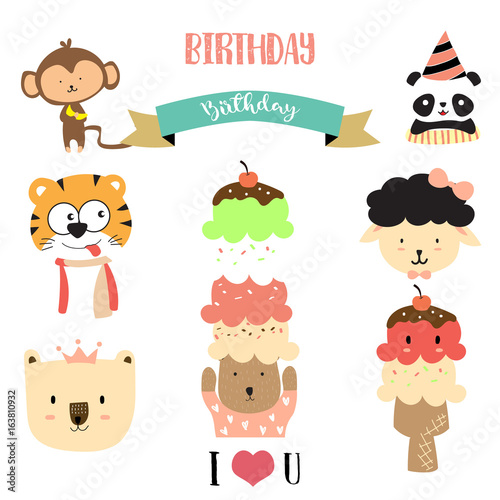 Cartoon icon collection with bear,panda,monkey,sheep,tiger and ice cream