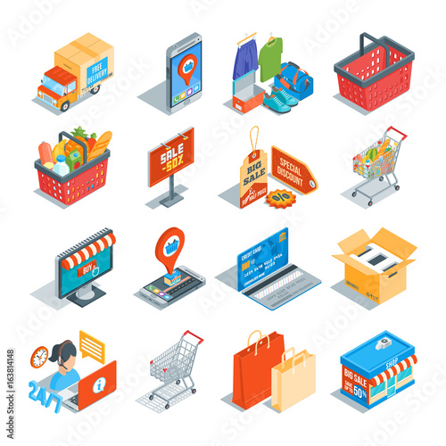 Online shopping isometric icons set