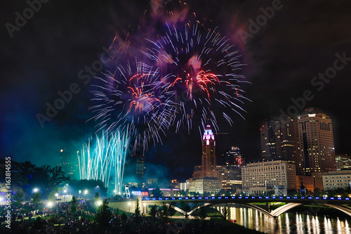 Spectacular fireworks along the Scioto River in Columbus, Ohio for the annual Red, White and Boom celebration.