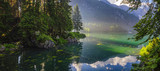  panorama of the Laghi di Fusine alpine lake in the Julian Alps in Italy