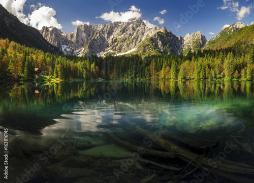 High resolution panorama of the Laghi di Fusine alpine lake in the Julian Alps in Italy