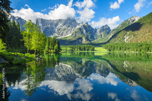 High resolution panorama of the Laghi di Fusine alpine lake in the Julian Alps in Italy