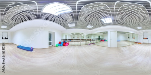 Interior of empty fitness gym multi colored fitness balls full 360 degree panorama in equirectangular spherical projection