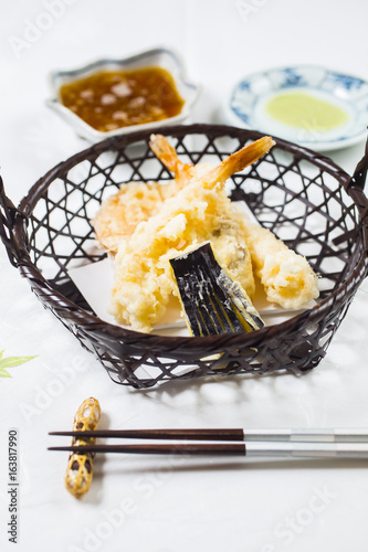 Japanese food. Delicious tempura (Shrim, Sea Bass, Eggplant, Sweet Patoto) photo