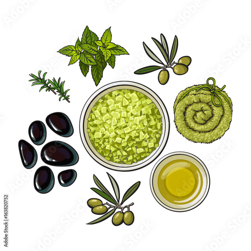 Set of spa salon accessories - basalt stones, massage oil, aromatic salt, towel, herbs, sketch vector illustration on white background. Hand drawn spa set - stones, massage oil, rolled up towel, herbs