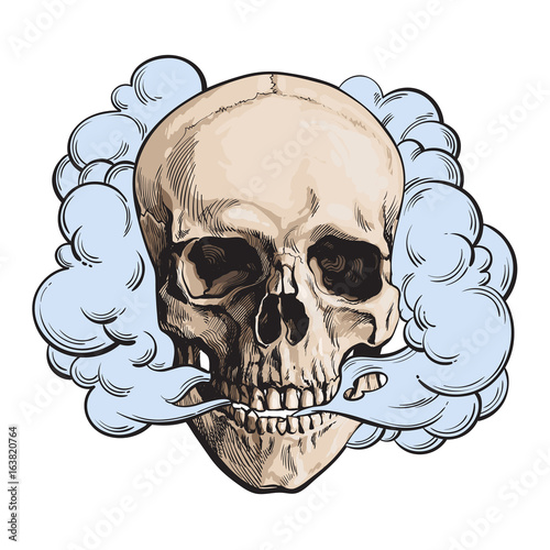 Smoke coming out of fleshless skull, death, mortal habit concept, sketch style vector illustration isolated on white background. Hand drawn smoking skull emitting clouds of smoke