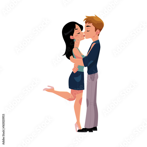 Young couple kissing romantically, hugging each other, cartoon vector  illustration isolated on white background. Full length, side view portrait  of cartoon style kissing, hugging couple, French kiss Stock Vector | Adobe  Stock