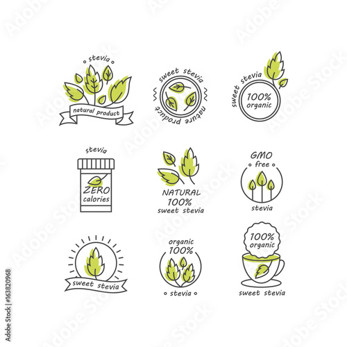 Vector set of stevia labels, logos, badges, icons. Natural sweetener design element. Organic stevia icon isolated. Eco safe stevia badge design.