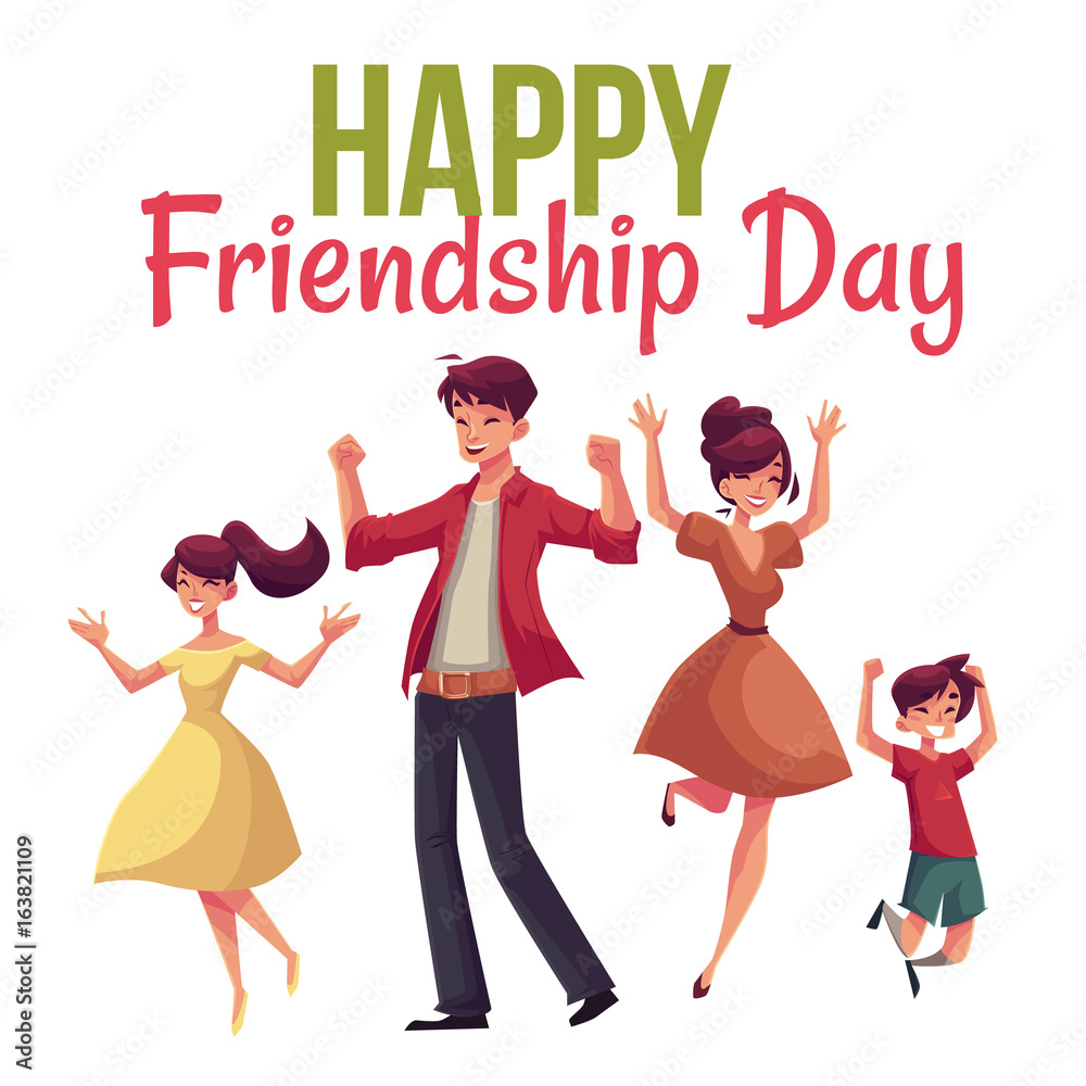 Happy friendship day greeting card design with family jumping from  happiness, cartoon vector illustrations isolated on white background. Happy  family of father, mother, sister and son jumping Stock Vector | Adobe Stock