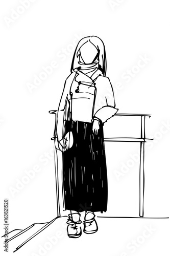 sketch of a young woman leaned against a railing