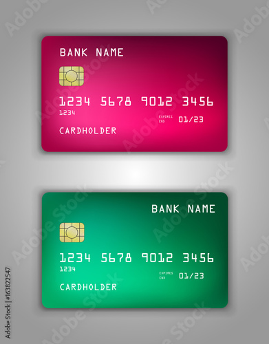 Vector set Realistic credit bank card mockup. Pink, red, green, pine, viridan, aquamarine, amerald.