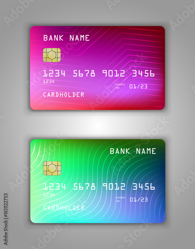Vector set Realistic credit bank card mockup. Multicolor, rainbow, overflow pink, lilac, blue, green, red, rainbow, gradient, mesh