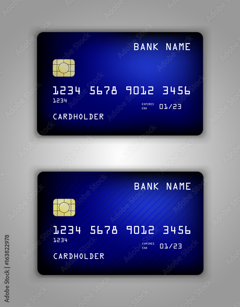 Vector set Realistic credit bank card mockup. Blue, mesh, cold, purple, streaming