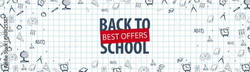 Welcome Back to School banner with different school objects. School sale banners and best offers.