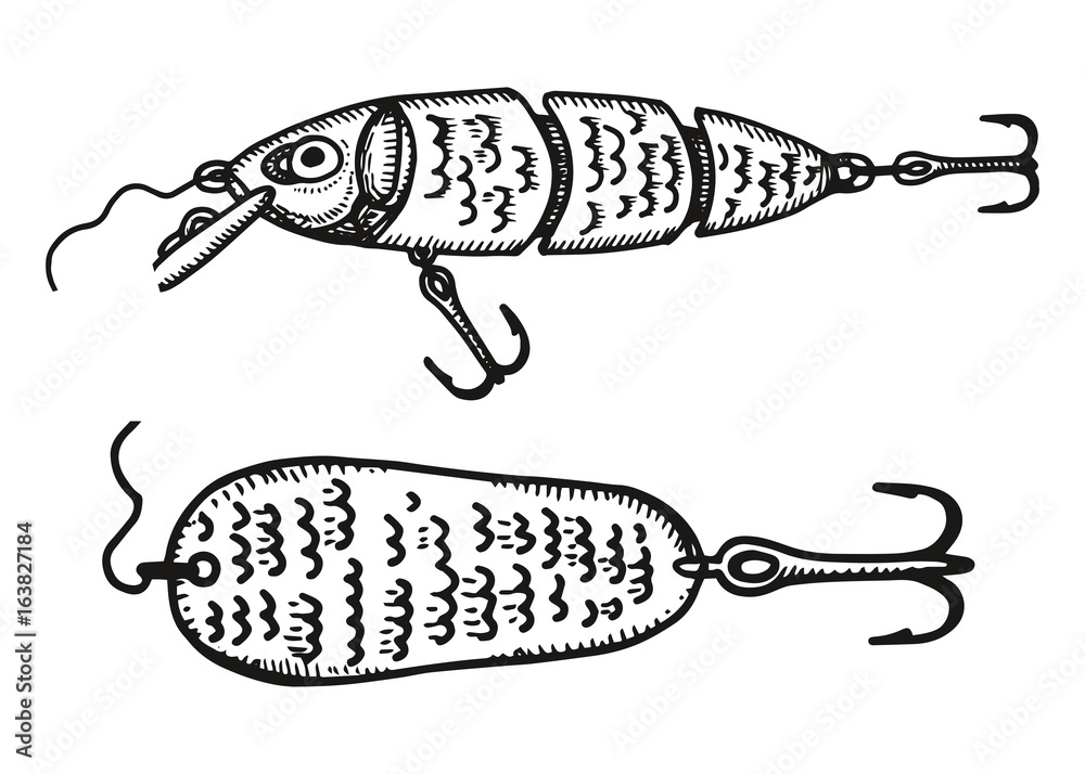 Fishing accessories vector hand drawing. Bait and wobblers Stock Vector