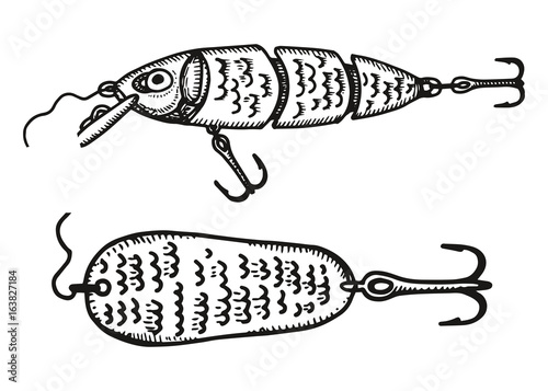 Fishing accessories vector hand drawing. Bait and wobblers