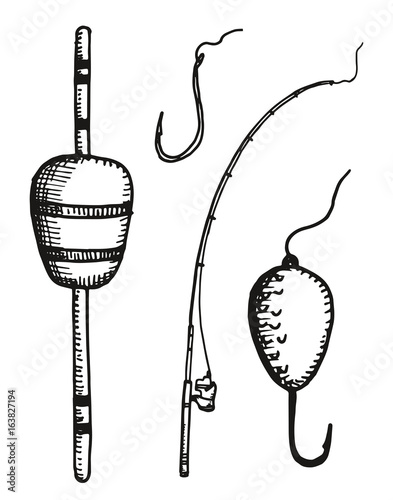 Fishing rod float and hooks vector hand drawing