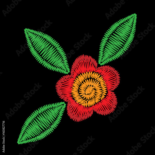 Embroidery stitches imitation folk flower with green leaf