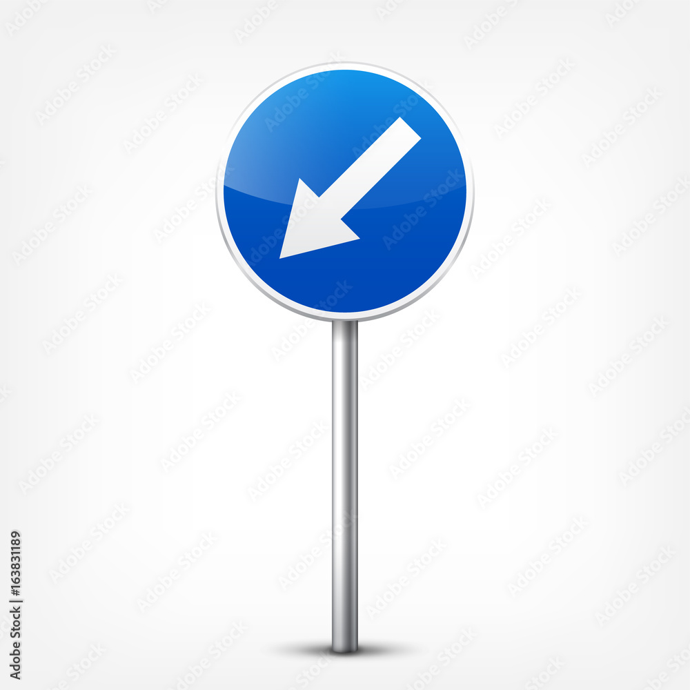 Road blue signs collection isolated on white background. Road traffic control.Lane usage.Stop and yield. Regulatory signs. Curves and turns. Road blue signs collection isolated on white background. Road traffic control.Lane usage.Stop and yield. Regulatory signs. Curves and turns.